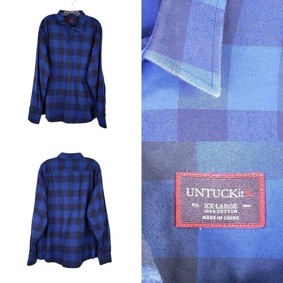 Untuckit Shirt Long Sleeve Button Down Men's Size XXL Plaid Flannel Blue - Picture 1 of 10